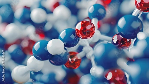 A close up of a bunch of small blue and white spheres with red dots in the middle. The spheres are arranged in a way that they look like they are connected to each other photo