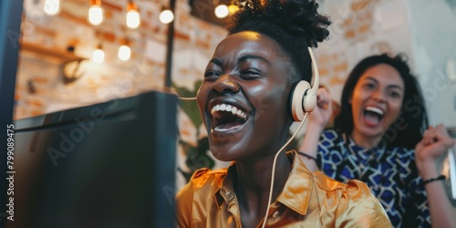 A sale, promotion, or achievement excites the office winner, celebration, and call center consultant. Congratulations to an African female telemarketing representative on her career accomplishment. © LukaszDesign