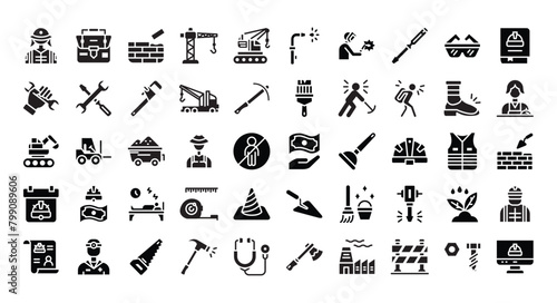 Labor Day Icons Bundle.Glyph icons style. Vector illustration.