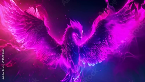 Neon phoenix embodies a mythological deity, rising from ashes in a brilliant display of light and energy photo