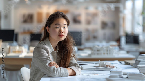 portrait of a chinese or philipinean female architect working in her architecture design studio, professional, engineer