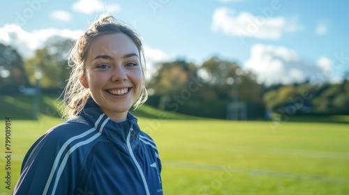 Wellness, fitness, and women running for outdoor exercise, cardio, or marathon training. Sports warm-up, sunshine, and morning runner challenging athlete on grass pitch © LukaszDesign