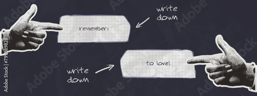 Trendy Collage Illustration with female halftone hands and torn notebook paper elements. Vintage vector concept of writing down notes that necessary to remember. Wrinkled paper effect. 