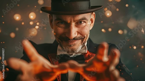 Magician with a top hat and curled mustache performing a trick, his hands outstretched towards the camera, against a backdrop of warm glowing lights
