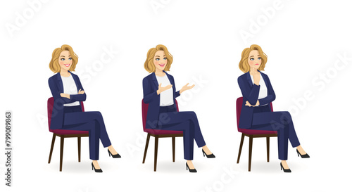 Elegant beautiful business woman in suit sitting in the chair half turn view different gestures set isolated vector illustration