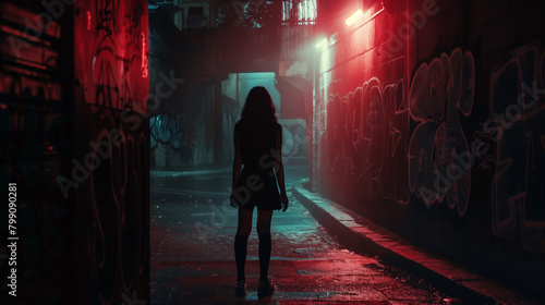 Mysterious woman walking alone through a graffiti-covered alley at night.  Generative AI