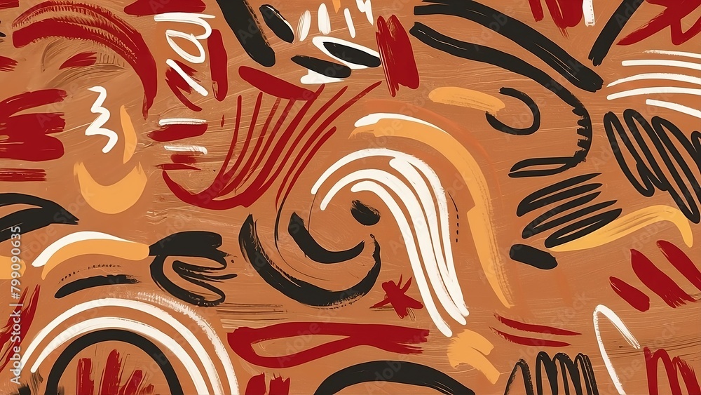 An abstract design with various strokes and swirls, in the style of light brown and dark red, vibrant cartoonish, playful shapes, colorful curves, sgrafitto, simplified forms and shapes
