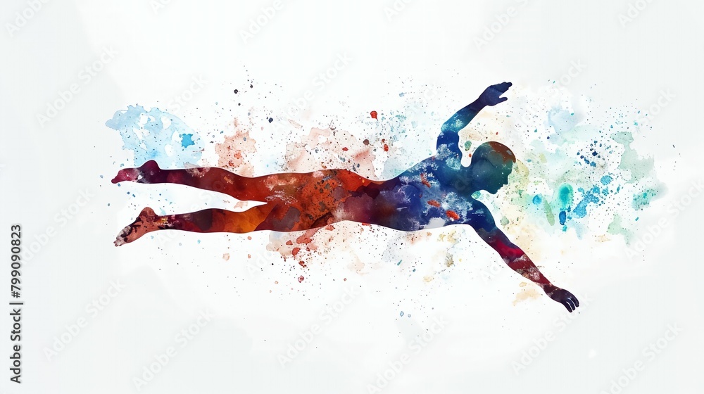 Fototapeta premium Watercolor swimming player silhouette, abstract sports art.