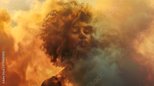 Ethereal portrait of a young woman surrounded by golden clouds and smoke. Generative AI