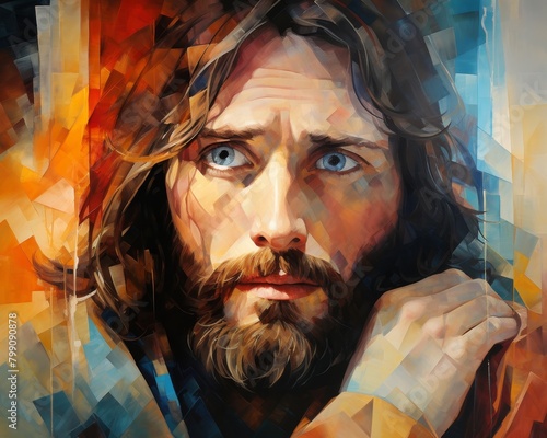Close-up of Jesus Christ, compassionate eyes, holding a lamb, radiant halo, eye-level, traditional iconographic colors, blending Cubisms fragmented perspectives with vibrantemotive colors photo