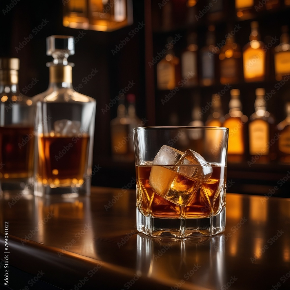 Glass of whiskey with ice on black background with reflection. Close up view. Selective focus on ice Glass of whiskey with ice on black background with reflection. Close up view. Selective focus on ice