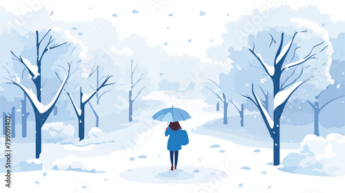 Person walking under umbrella in snowfall in cold w