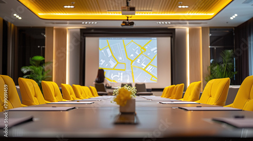 a large table in a spacious conference room with urban planning map on the screen in the background, architects and county reunion, project presentation