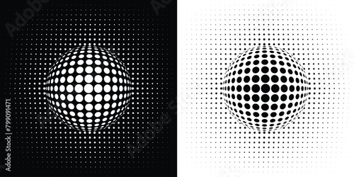 A black and white abstract vector background with halftone dots sphere, creating a fading dotted effect.