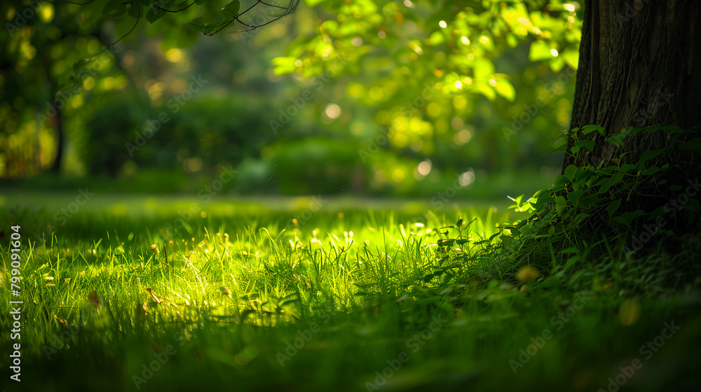 Banner with sunlit grass under a tree's shade in a serene park. Copy space. Generative AI Banner with sunlit grass under a tree's shade in a serene park. Copy space. Generative AI