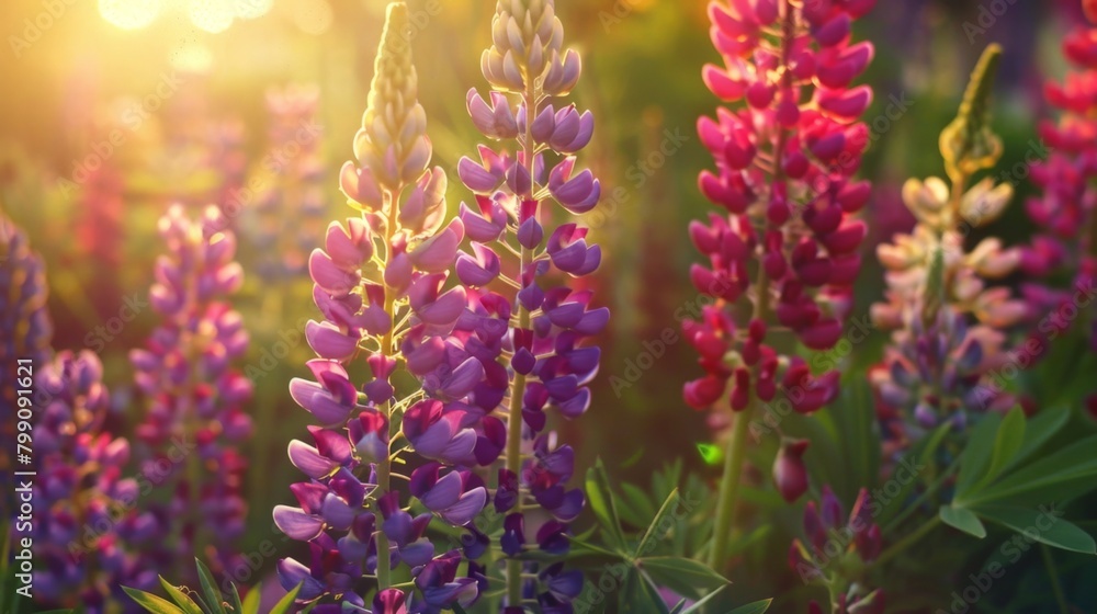 Purple and red blooms in sunlit meadow Purple and red blooms in sunlit meadow