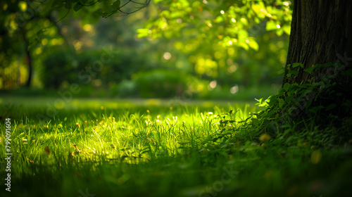 Banner with sunlit grass under a tree's shade in a serene park. Copy space. Generative AI