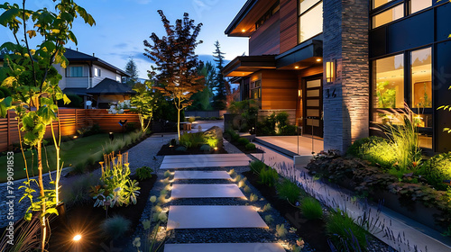 high - tech front yard with smart landscape lighting featuring a brick building, tall tree, and lar photo