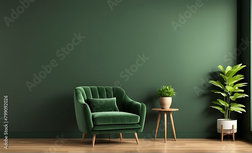 Modern wooden living room with an green armchair on empty dark green wall background, 3D rendering  © Land Stock