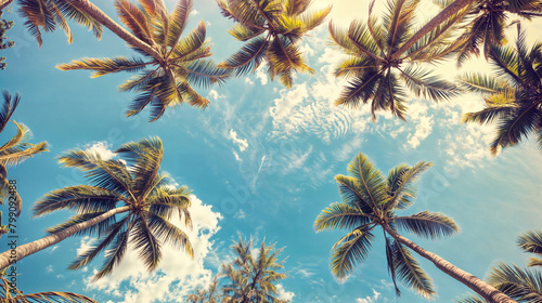 A beautiful blue sky with palm trees in the background