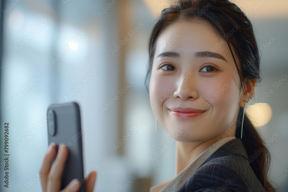 Smile, selfie, and woman holding phone for social media profile picture represent beauty and freedom. Happiness of a young female Gen Z influencer using smartphone for mobile app blog material. Smile, selfie, and woman holding phone for social media profile picture represent beauty and freedom. Happiness of a young female Gen Z influencer using smartphone for mobile app blog material.