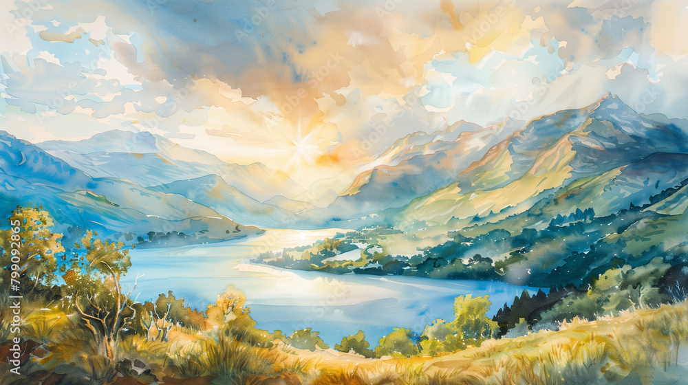 Obraz premium A peaceful watercolor landscape depicting rolling hills bathed in golden sunlight