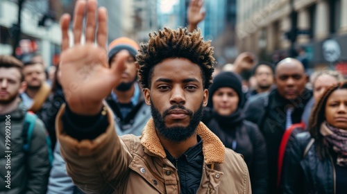 Protest, hand, and stop with a black man for human rights and equality. Justice, freedom, and politics with a masculine activist fighting racism, brutality, and discrimination.