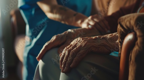 Closeup, nurse and patient holding hands, healthcare, home, and support consultation. Zoom, caregiver or pensioner with compassion, prayer, wisdom, hope, and rehabilitation © LukaszDesign