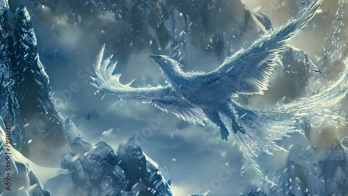 Ice phoenix reborn from a glacier, soaring with shimmering frost wings through a blizzard in a mystical winter wonderland. photo