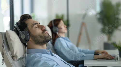 Stretching call center agent with burnout, backache, or overwork. A drowsy, bored, and exhausted customer service representative listens to client. photo
