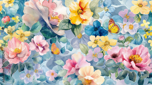 Watercolor painting,Flower Colors of July A bright mix of , pinks, yellows, light blues, pastels and tiny butterflies With light green leaves.