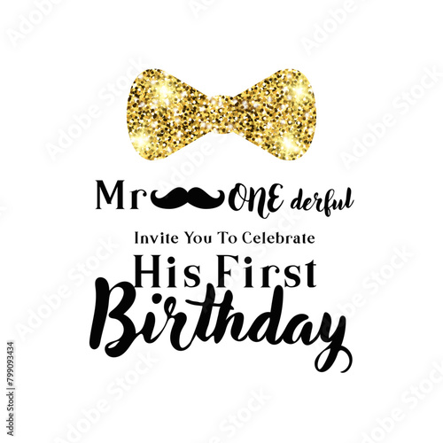First birthday for little boy, turning one, vector illustration with mustache	
