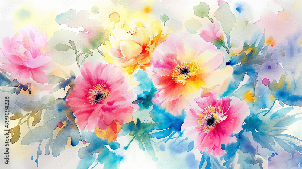 Watercolor painting,Flower Colors of July A bright mix of , pinks, yellows, light blues, pastels  With light green leaves.