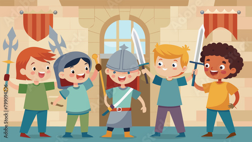 A group of children giggle and gasp as they enter a replica of a medieval castle eagerly trying on knights helmets and holding up toy swords.