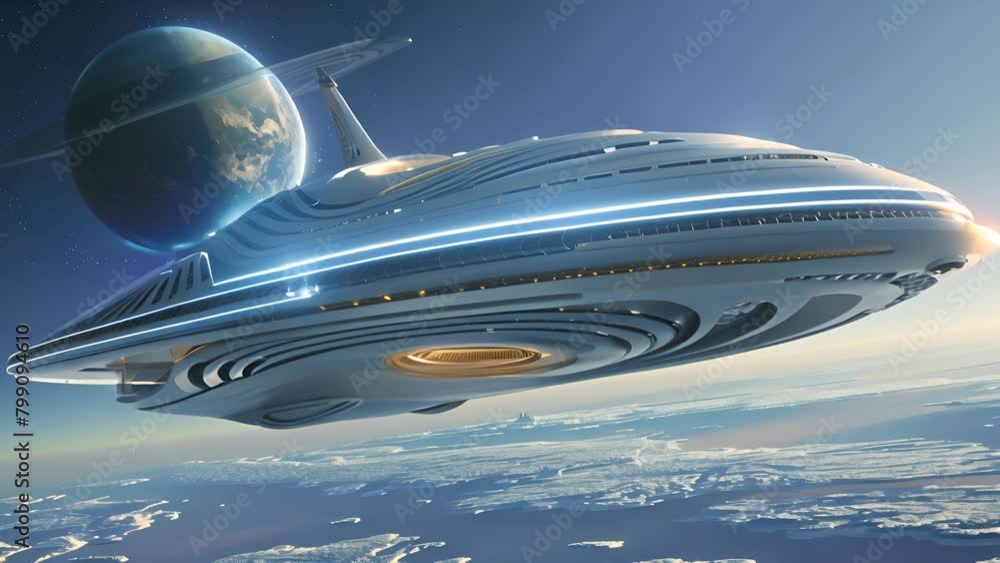 A spaceship is flying through space with a planet in the background ...