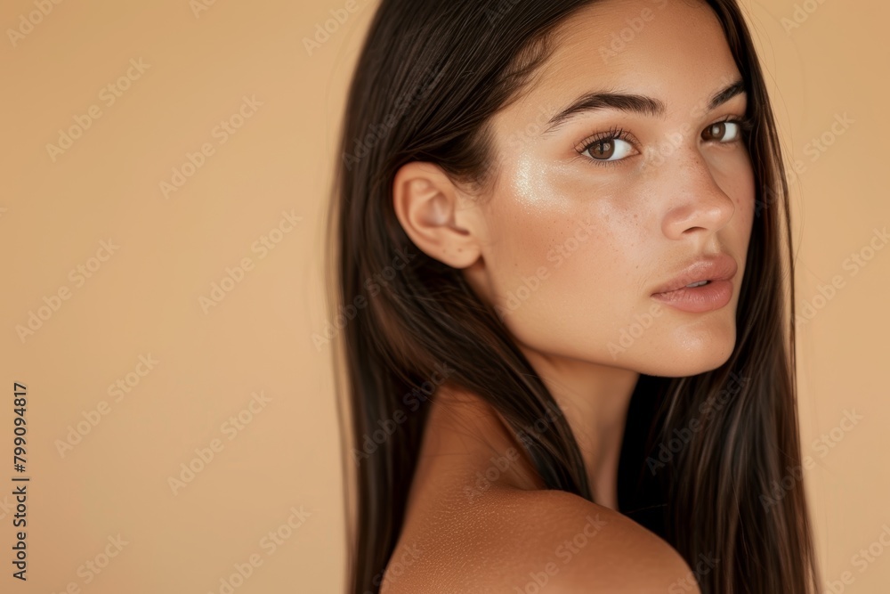 Woman with silky hair and face, healthy lifestyle or luxurious skincare. Young aesthetic model, natural cosmetic haircare or makeup, calm facial expression and vision look in orange background studio Woman with silky hair and face, healthy lifestyle or luxurious skincare. Young aesthetic model, natural cosmetic haircare or makeup, calm facial expression and vision look in orange background studio