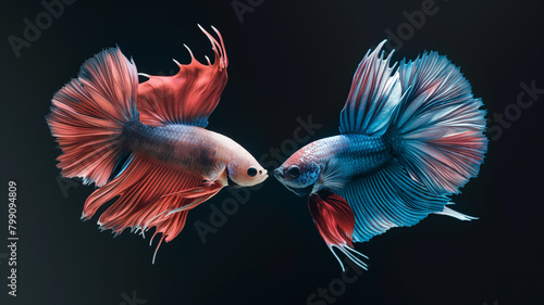 Beautiful two Betta splendens looking at each other, Siamese fighting fish or Pla-kad in Thai popular fish in aquarium, Show off tail spreads swimming beautifully.Generative AI © kurapy
