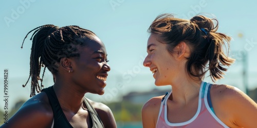 Fitness, health, and yoga friends bond in nature, happy and relaxed. Diversity, support, and wellness training by happy, carefree girls conversing and laughing photo