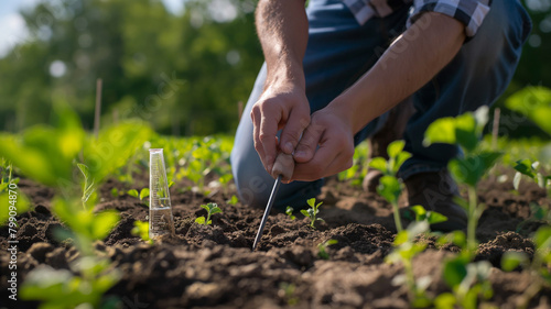 Farmer agronomist inspects soil condition before sowing seeds. F.Generative AI. photo