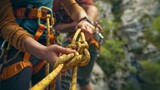 Rock climbing, fitness woman, and safety securing harness rope on mountain cliff for outdoor training, vacation, and adventure. Challenge, sports gear, and mountaineering carabiners