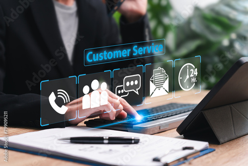 Customer service, Contact US Customer support hotline concept, Businesswomen use laptop Provide service and answer customer problems, Virtual icons call phone, email, address, and live chat.