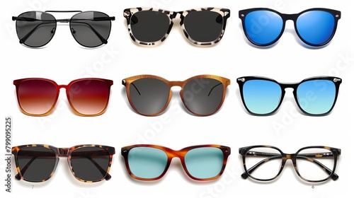 A collection of sunglasses with different frame styles and lens colors, set against a plain white background.