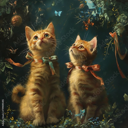 Un par de lindos gatos anaranjados, con moños, observando la naturaleza