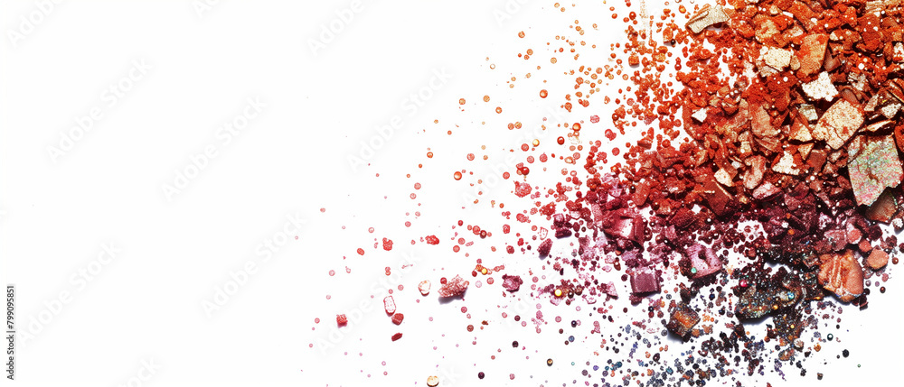 Exploding cosmetics. Vibrant shades of pink and brown and orange eyeshadow with glitter accents. Banner. Generative AI