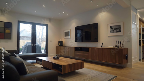 minimalist family room with floating media console featuring a black television  wood floor  and wh