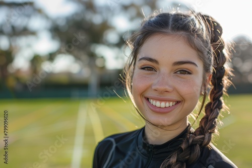 Outdoor fitness and woman portrait smile for exercise or workout motivation, trust and wellness lifestyle on sports field. Professional athlete pleased with workout progress © LukaszDesign