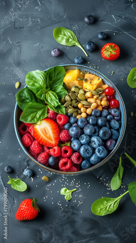 A vitamin-packed breakfast bowl its ingredients vibrant and fresh under powerful cinematic light showcasing nutritional richness with copy space