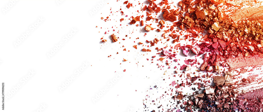 Exploding cosmetics. Vibrant shades of pink and brown and orange eyeshadow with glitter accents. Banner. Generative AI Exploding cosmetics. Vibrant shades of pink and brown and orange eyeshadow with glitter accents. Banner. Generative AI