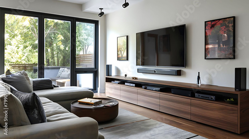 minimalist family room with floating media console featuring a black speaker  wood floor  and white
