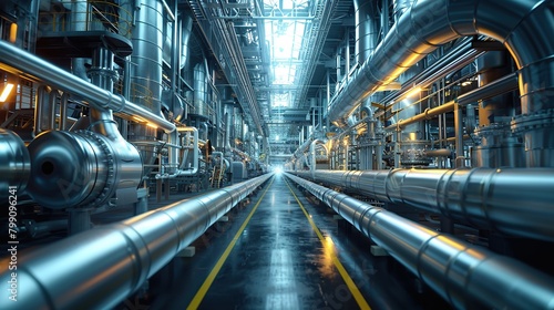 Wide-angle photo of the hydrogen power plant tank industry with a view of steel pipes and large tanks.